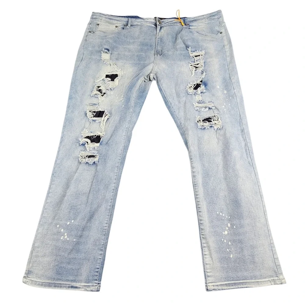 M.Society Mens 50x32 Distressed Light Wash Paint Splatter Straight Leg Jeans